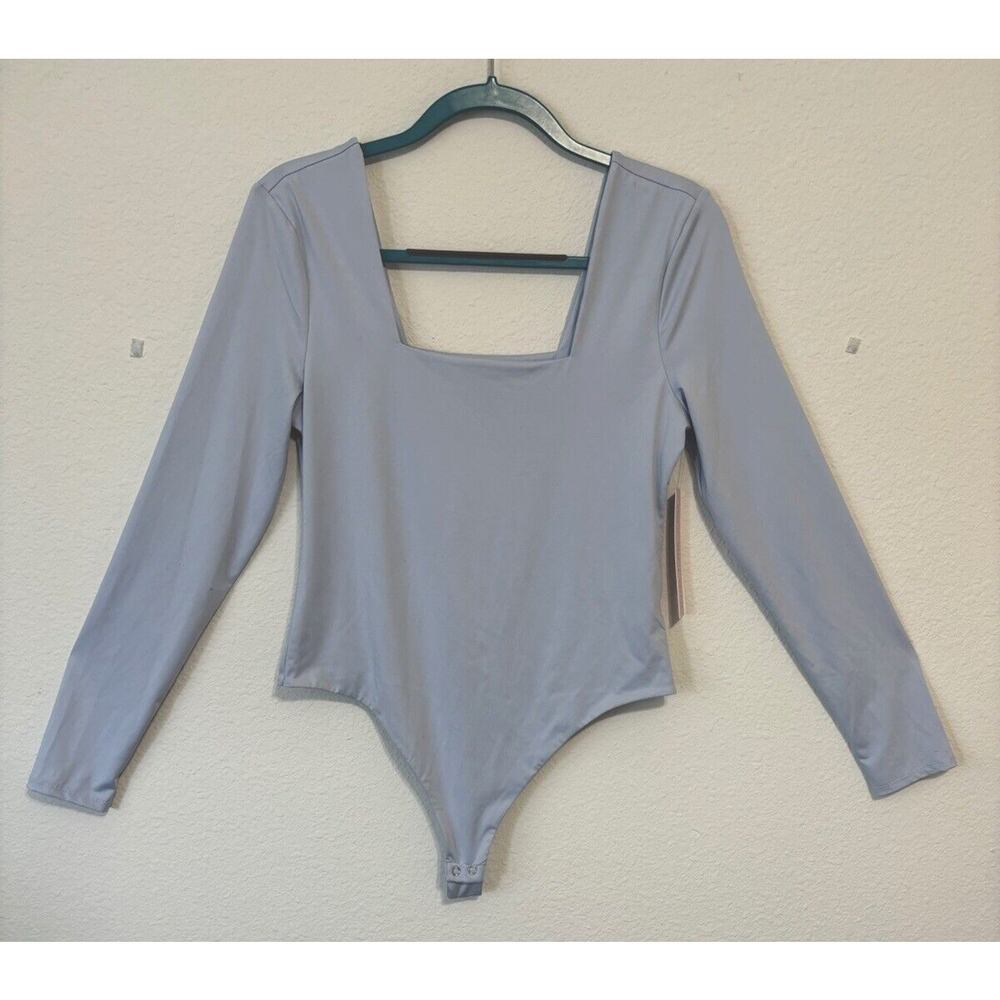 Crave Fame Bodysuit Junior's Large Arctic Ice Blue Square Neck Long Sleeve Thong
